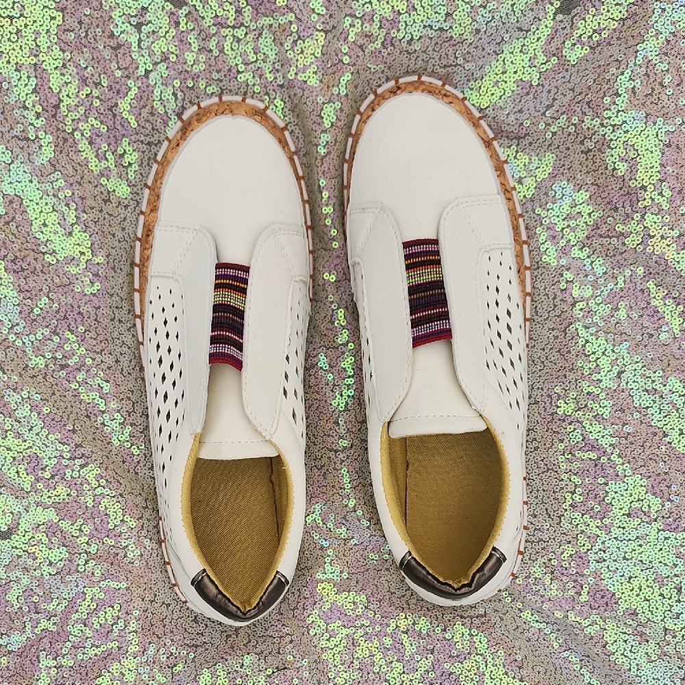 White Slip-On Shoes with Multicolor Stripe with Unique Style Fringe!